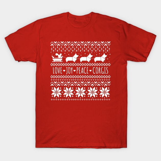 Love Joy Peace Corgis Festive Christmas Holiday T-Shirt by Coffee Squirrel